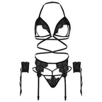 LEG AVENUE – Vierteiliges Set: BH, G-String, Strumpfgürtel und Handgelenk-Manschetten One Size