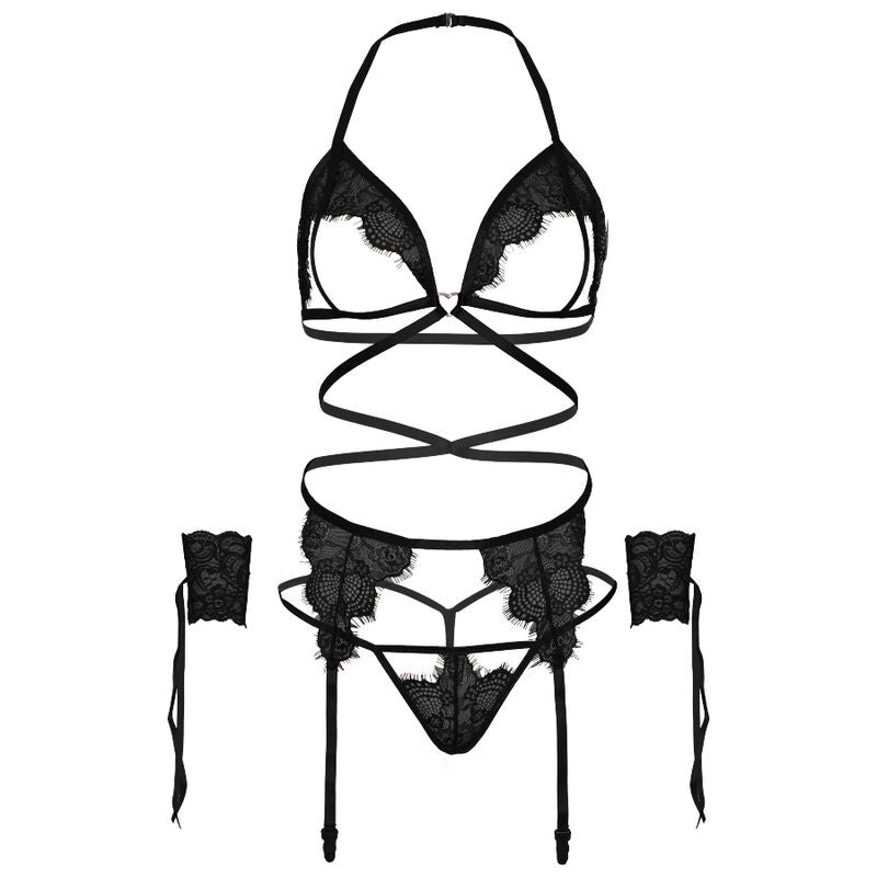 LEG AVENUE – Vierteiliges Set: BH, G-String, Strumpfgürtel und Handgelenk-Manschetten One Size