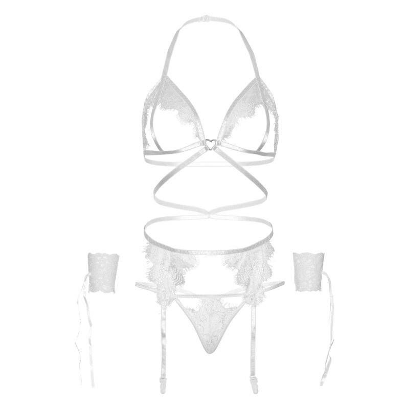 LEG AVENUE – Vierteiliges Set: BH, G-String, Strumpfgürtel und Handgelenk-Manschetten One Size