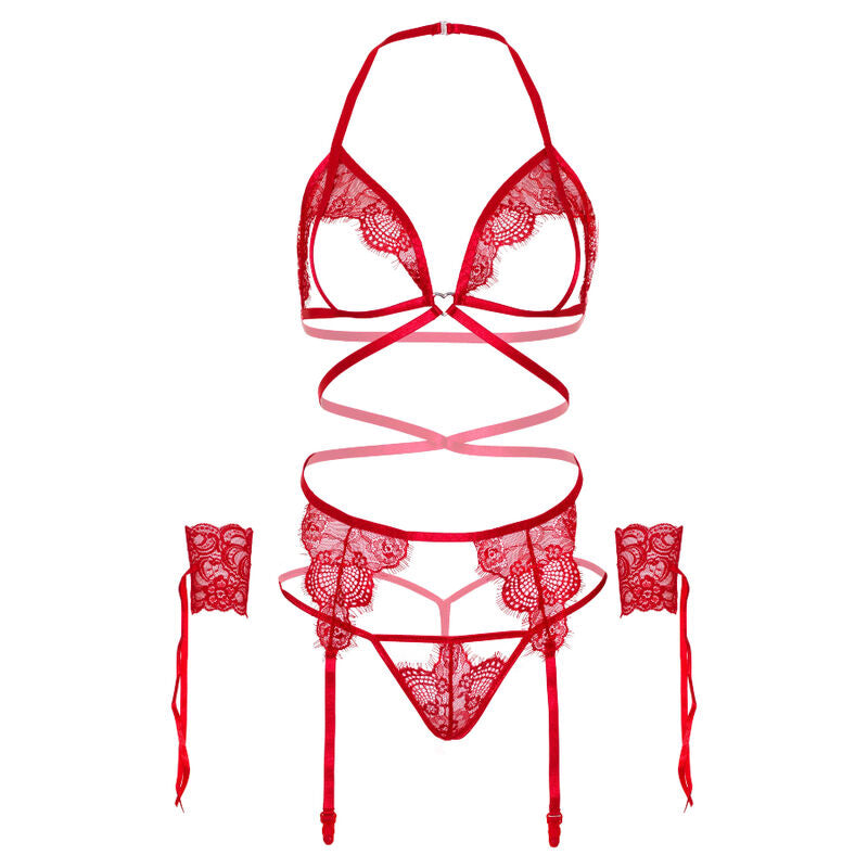 LEG AVENUE – Vierteiliges Set: BH, G-String, Strumpfgürtel und Handgelenk-Manschetten One Size