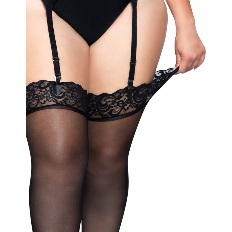 LEG AVENUE – Nylon-Strümpfe Schwarz mit Spitzenabschluss Plus Size