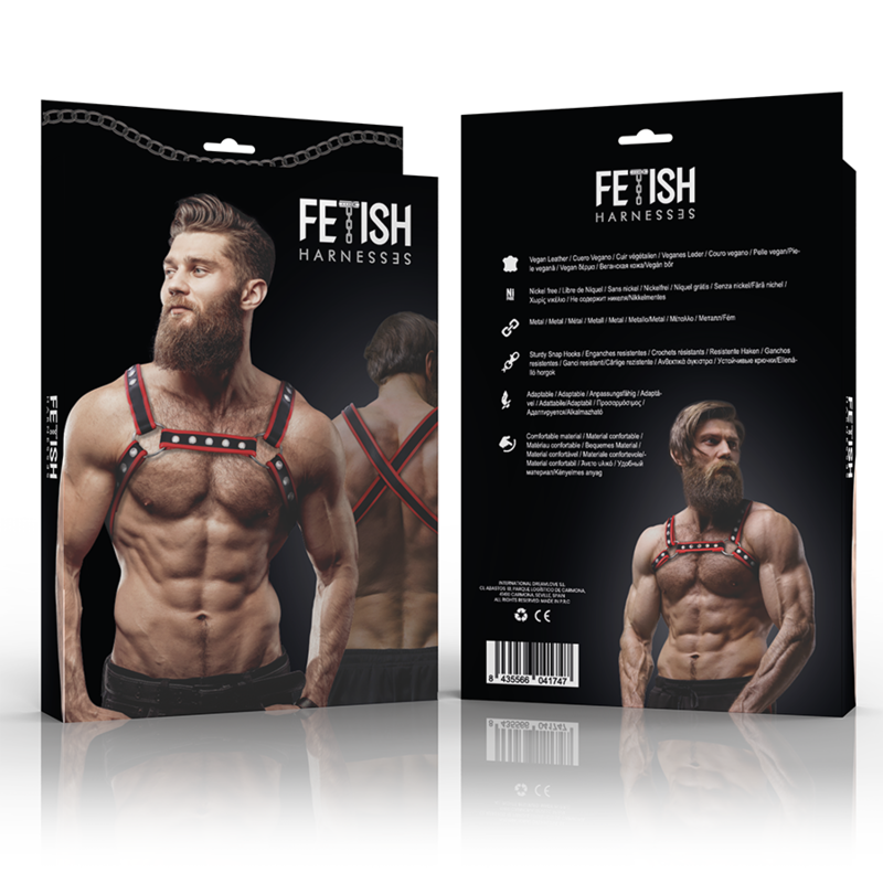 FETISH SUBMISSIVE ATTITUDE Brust-Bulldog-Geschirr aus Kunstleder für Herren Schwarz/Rot