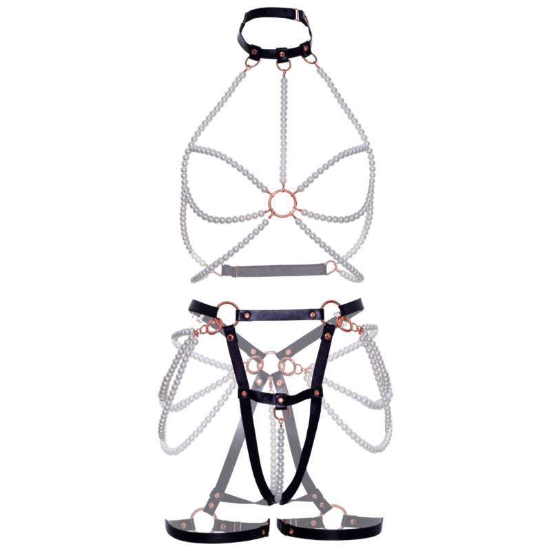 LEG AVENUE Harness Bra & Pearl Strumpfband L