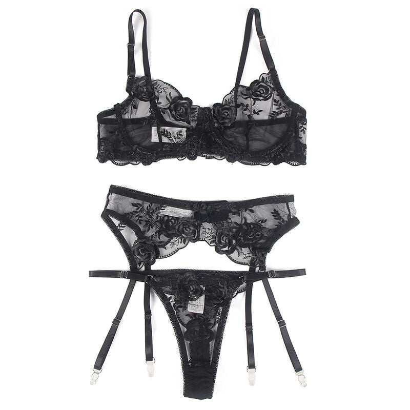 SUBBLIME – 3-teiliges Set BH + String + Strumpfband Blumenprint Schwarz