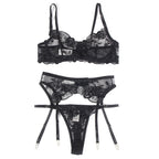 SUBBLIME – 3-teiliges Set BH + String + Strumpfband Blumenprint Schwarz