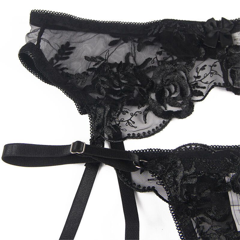 SUBBLIME – 3-teiliges Set BH + String + Strumpfband Blumenprint Schwarz