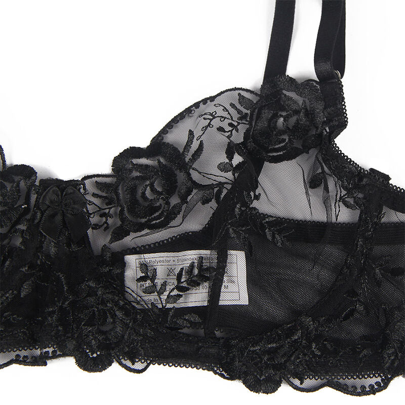 SUBBLIME – 3-teiliges Set BH + String + Strumpfband Blumenprint Schwarz