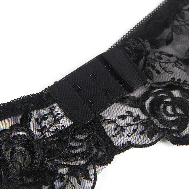 SUBBLIME – 3-teiliges Set BH + String + Strumpfband Blumenprint Schwarz