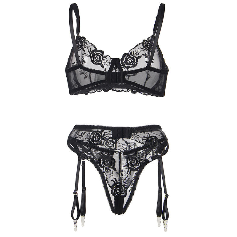 SUBBLIME – 3-teiliges Set BH + String + Strumpfband Blumenprint Schwarz
