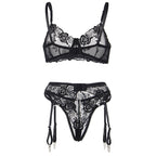 SUBBLIME – 3-teiliges Set BH + String + Strumpfband Blumenprint Schwarz