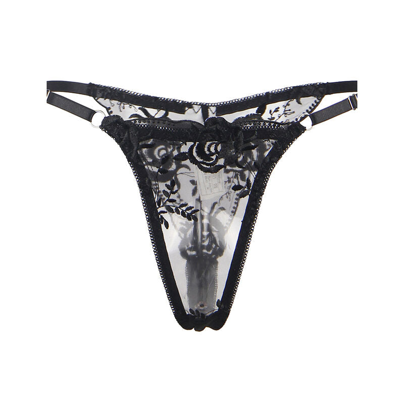 SUBBLIME – 3-teiliges Set BH + String + Strumpfband Blumenprint Schwarz