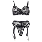 SUBBLIME – 3-teiliges Set BH + String + Strumpfband Blumenprint Schwarz