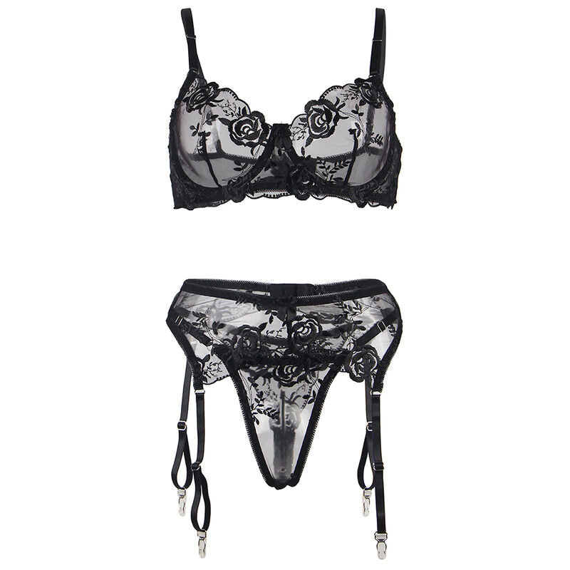SUBBLIME – 3-teiliges Set BH + String + Strumpfband Blumenprint Schwarz