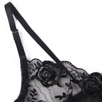 SUBBLIME – 3-teiliges Set BH + String + Strumpfband Blumenprint Schwarz
