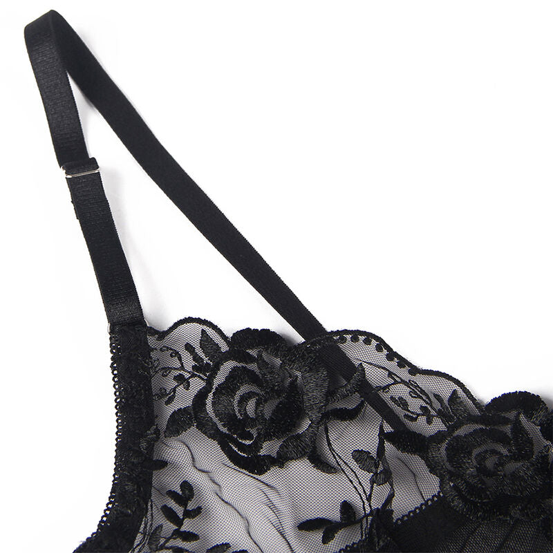 SUBBLIME – 3-teiliges Set BH + String + Strumpfband Blumenprint Schwarz