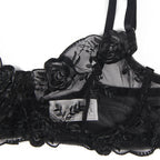 SUBBLIME – 3-teiliges Set BH + String + Strumpfband Blumenprint Schwarz