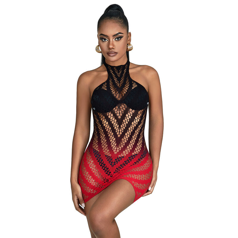 SUBBLIME – 952242 Netz-Kleid Rot/Schwarz elastisch mit Cut-Out-Design One Size (Einheitsgröße)