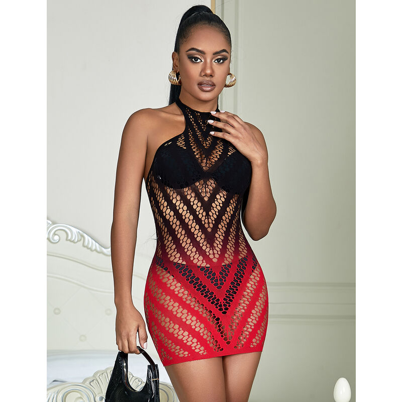 SUBBLIME – 952242 Netz-Kleid Rot/Schwarz elastisch mit Cut-Out-Design One Size (Einheitsgröße)