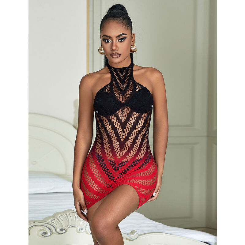 SUBBLIME – 952242 Netz-Kleid Rot/Schwarz elastisch mit Cut-Out-Design One Size (Einheitsgröße)