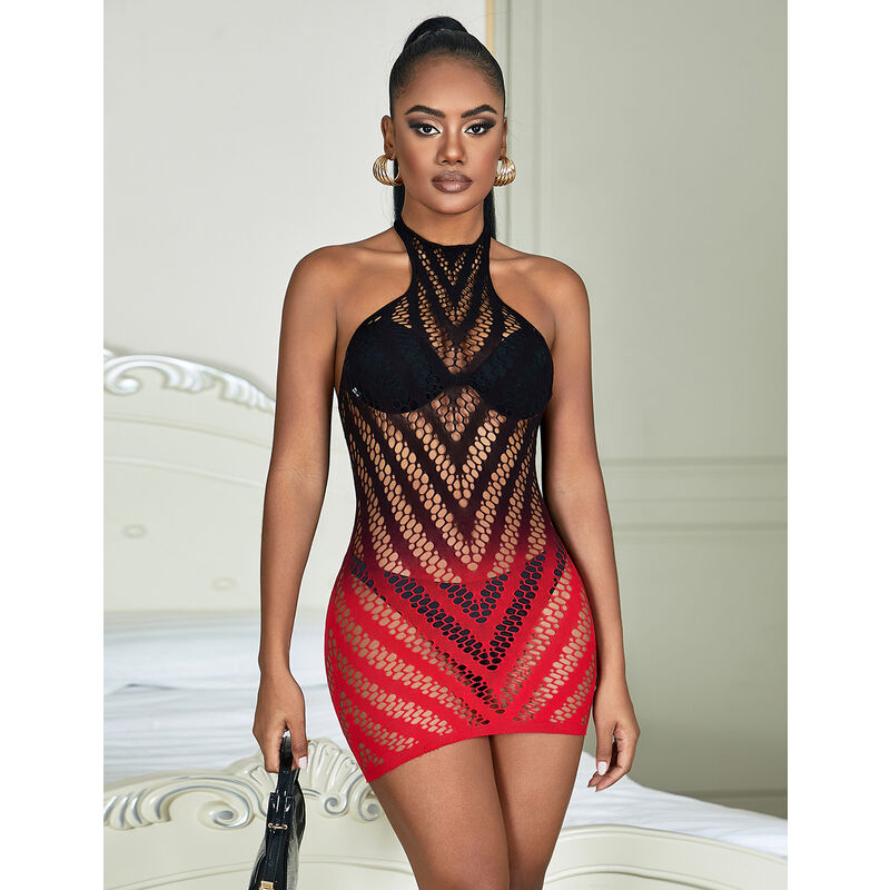 SUBBLIME – 952242 Netz-Kleid Rot/Schwarz elastisch mit Cut-Out-Design One Size (Einheitsgröße)