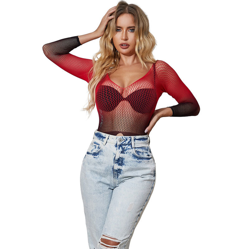 SUBBLIME – 952259 Netz-Kleid Rot/Schwarz langärmlig elastisch One Size (Einheitsgröße)