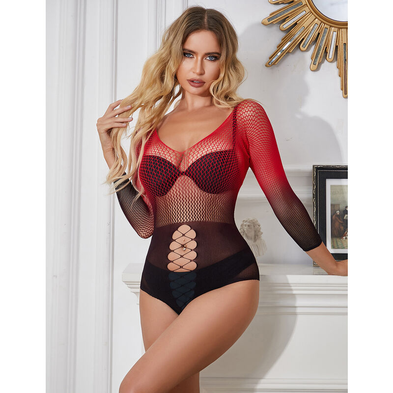 SUBBLIME – 952259 Netz-Kleid Rot/Schwarz langärmlig elastisch One Size (Einheitsgröße)