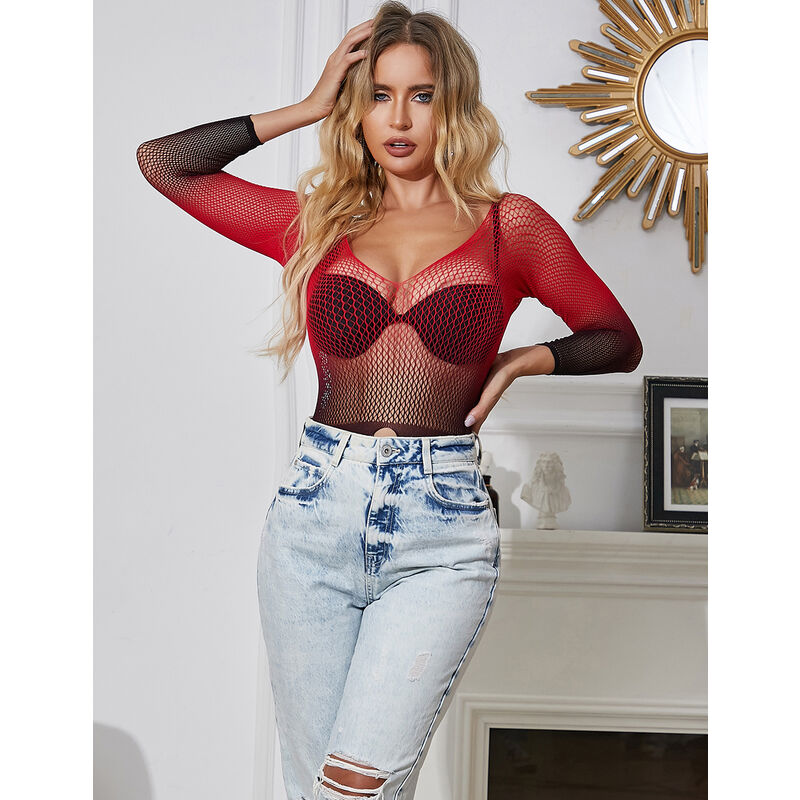 SUBBLIME – 952259 Netz-Kleid Rot/Schwarz langärmlig elastisch One Size (Einheitsgröße)