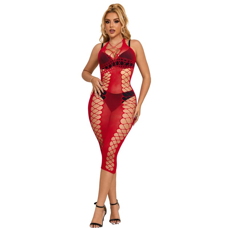 SUBBLIME – 952327 Langes Rotes Netz-Kleid Eine Grösse