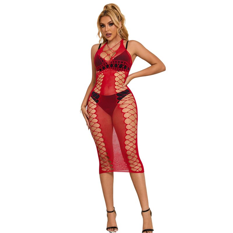 SUBBLIME – 952327 Langes Rotes Netz-Kleid Eine Grösse