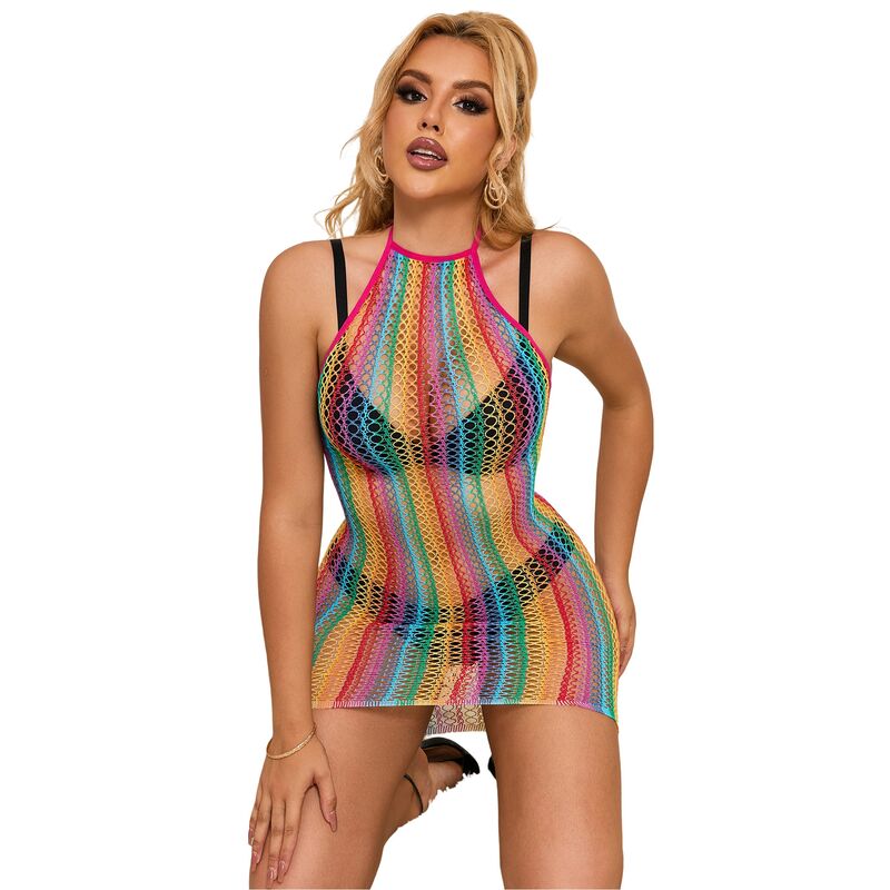 SUBBLIME – 952341 Regenbogen Netz-Kleid One Size (Einheitsgröße)