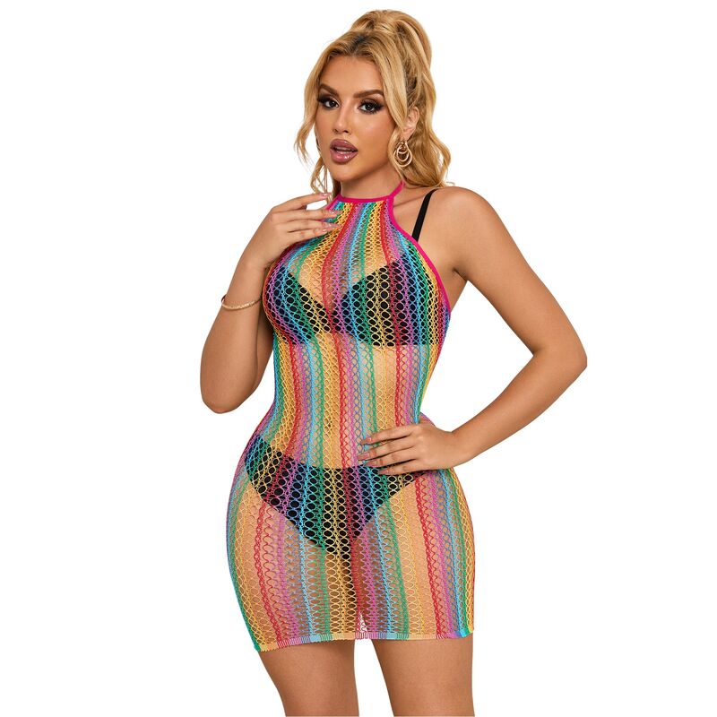 SUBBLIME – 952341 Regenbogen Netz-Kleid One Size (Einheitsgröße)