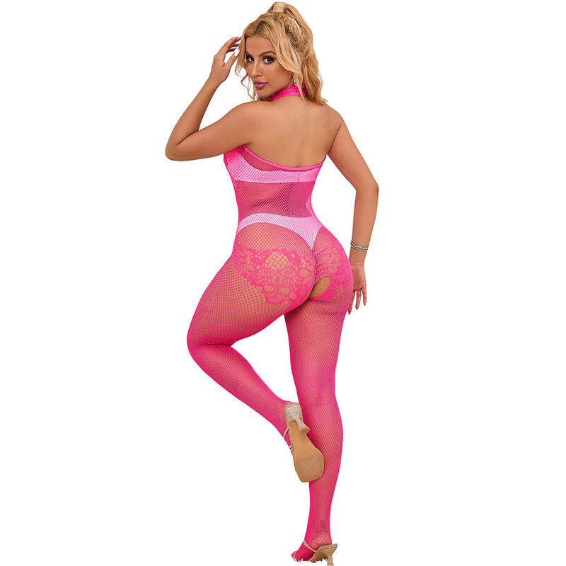 SUBBLIME – Bodystocking mit offenem Schritt aus Netz und Spitze mit hohem Hals One Size