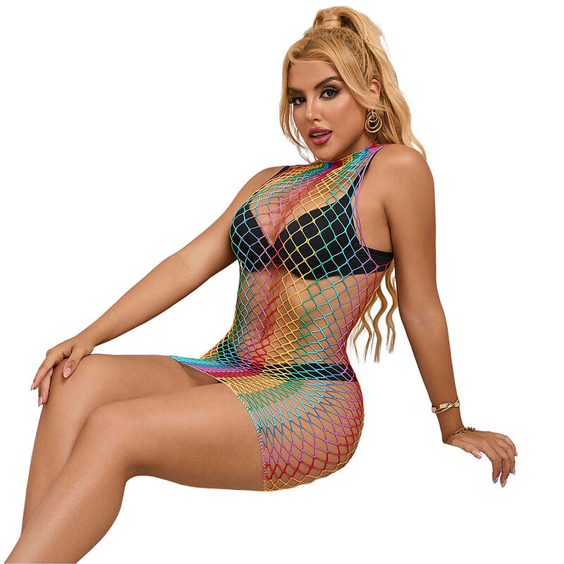 SUBBLIME – 952433 Rainbow Netz-Kleid mit hohem Kragen ärmellos One Size (Einheitsgröße)