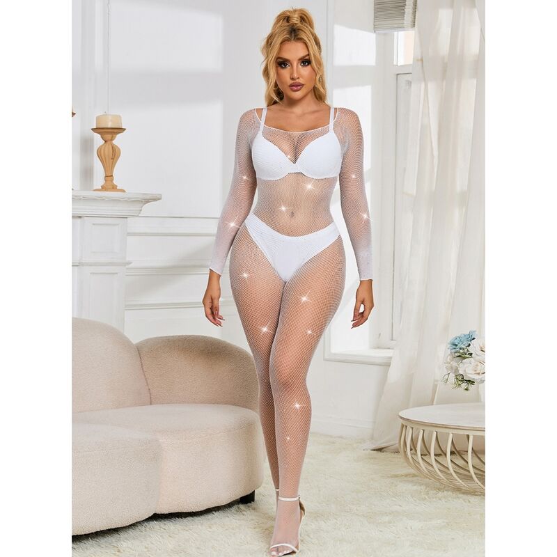 SUBBLIME – Netz-Bodystocking mit Strass und langen Ärmeln Weiß One Size