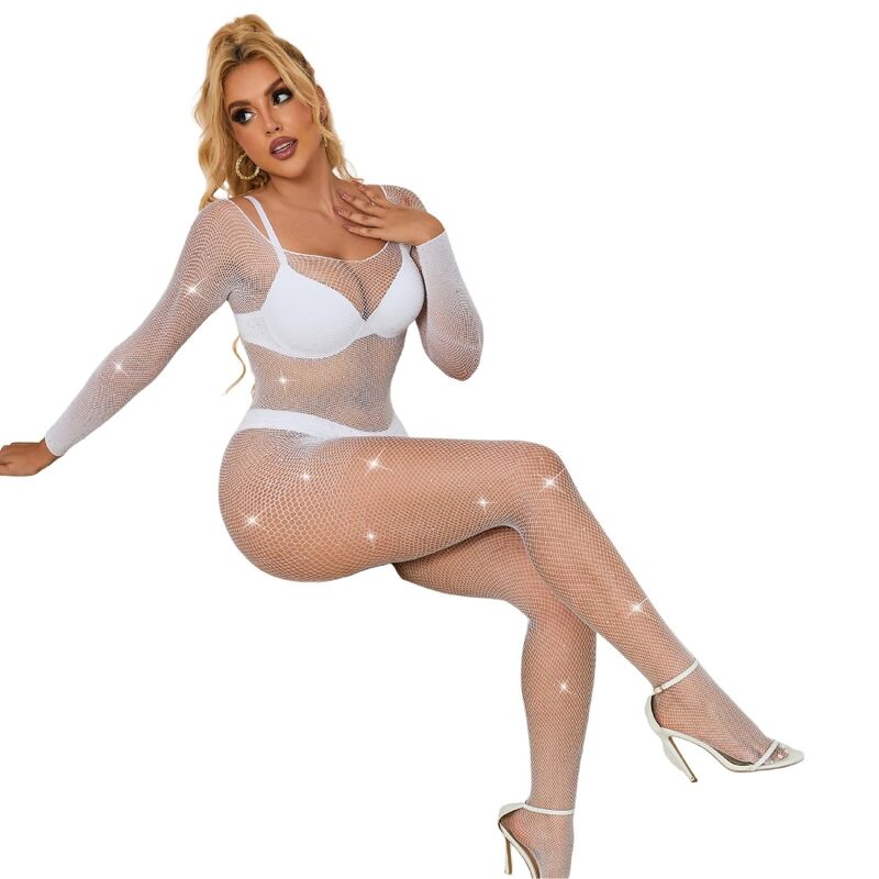 SUBBLIME – Netz-Bodystocking mit Strass und langen Ärmeln Weiß One Size