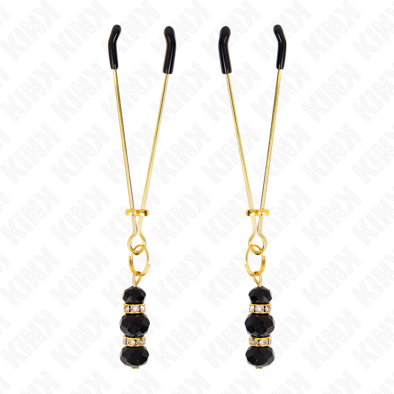 KINK – Goldene dünne Nippelklemmen mit 3 schwarzen Glasperlen 7 cm