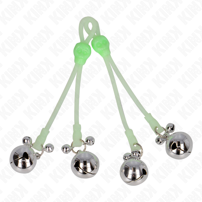 KINK – Leuchtende Totenkopf-Nippelklammern mit Ringglöckchen verstellbar grün/silber