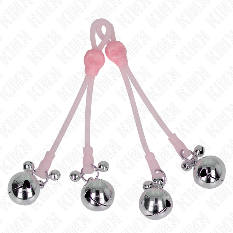KINK – Leuchtende Totenkopf-Nippelklammern mit Ringglöckchen verstellbar rosa/silber