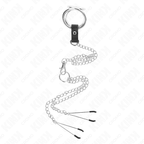 KINK - DREIFACH CHROM METALL PENISRING 3 CM BIS 4,5 CM MIT 26 CM METALLKETTE UND BRUSTKLAMMERN