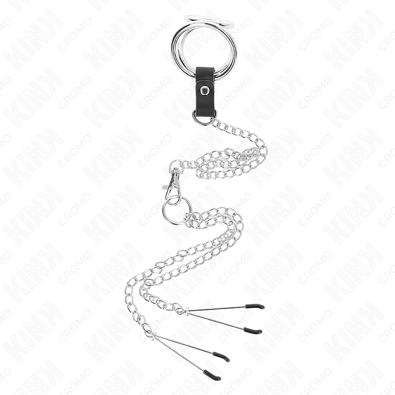 KINK – Dreifacher Chrom-Metall-Penisring mit 26 cm Kette und Brustklammern, 3–4,5 cm
