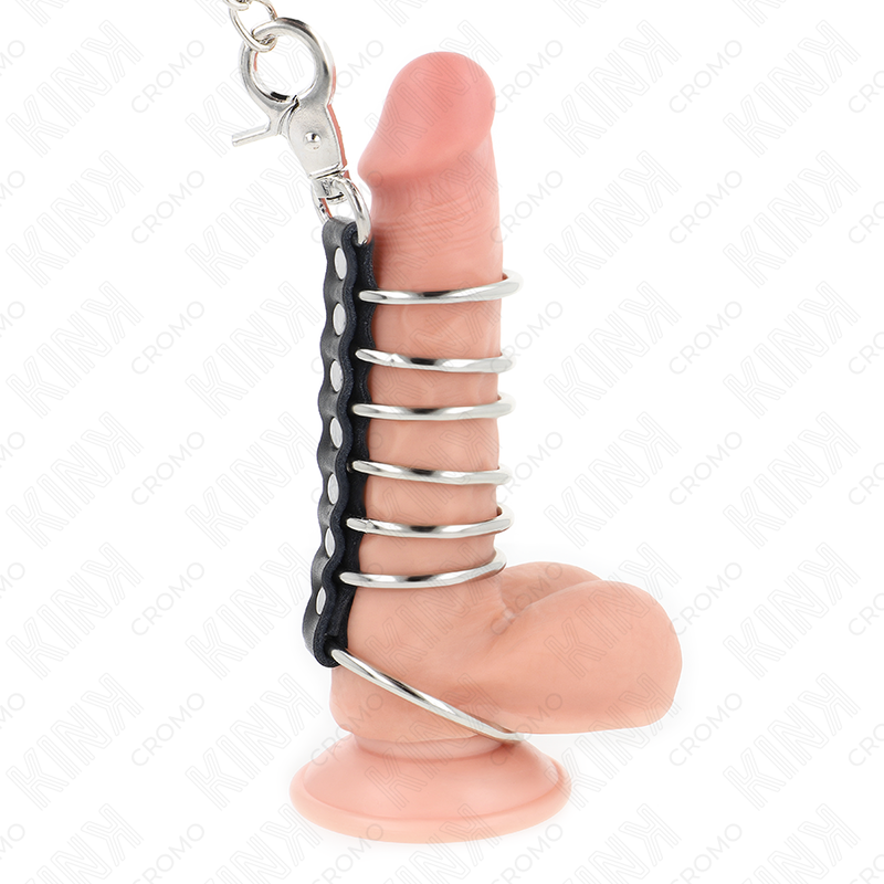 KINK – 7 Penisringe aus Metall 3,8 cm bis 5 cm, verbunden mit Kunstleder und Metallkette 100 cm