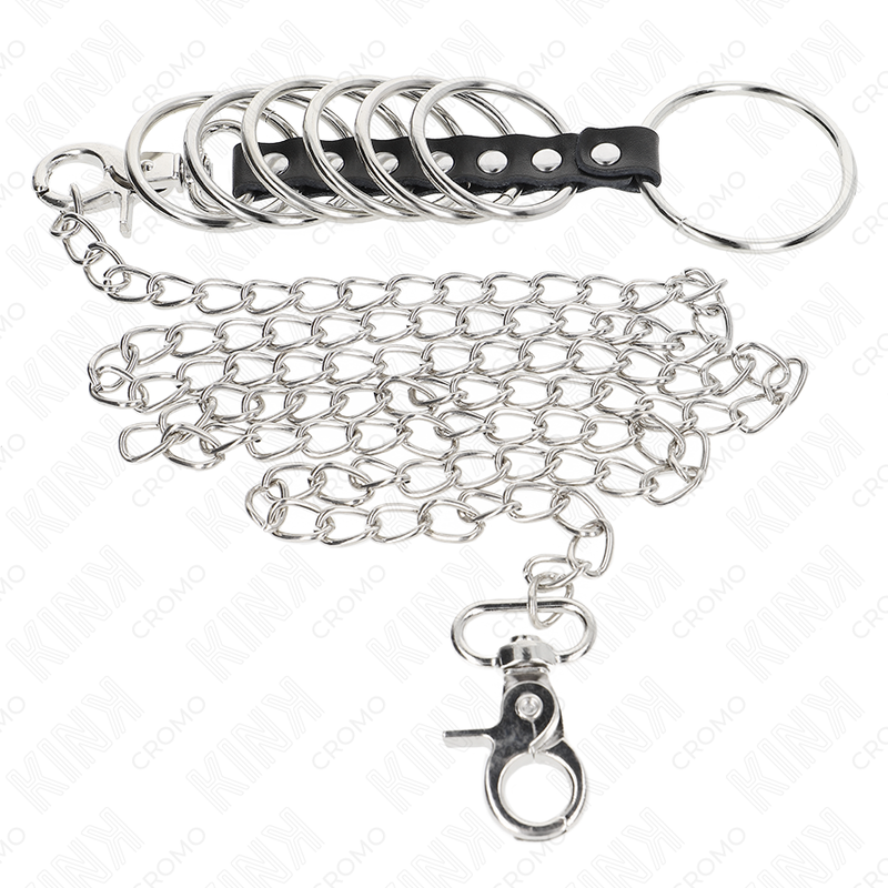 KINK – 7 Penisringe aus Metall 3,8 cm bis 5 cm, verbunden mit Kunstleder und Metallkette 100 cm