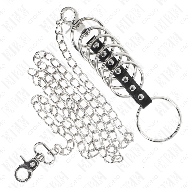 KINK – 7 Penisringe aus Metall 3,8 cm bis 5 cm, verbunden mit Kunstleder und Metallkette 100 cm