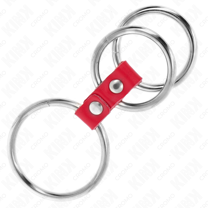 KINK – dreifacher Metall-Penisring mit roter Lederverbindung, 3,7–5 cm