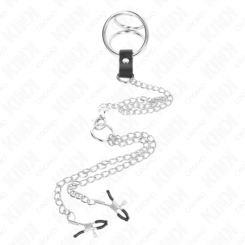 KINK – Dreifacher Chrom-Metall-Penisring mit 26 cm Kette und Nippelklemmen, Modell 1, 3,8–5 cm