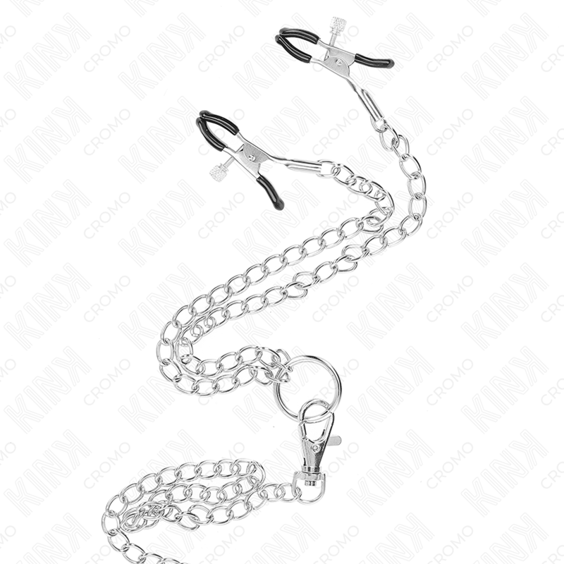 KINK – Dreifacher Chrom-Metall-Penisring mit 26 cm Kette und Brustklammern, 3–4,5 cm