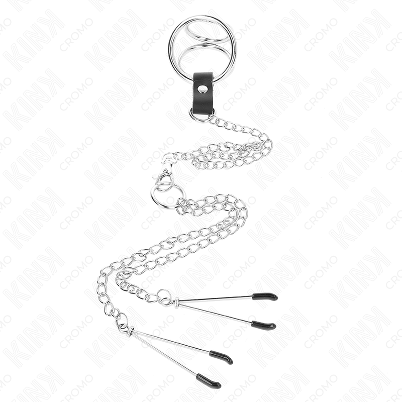 KINK – Dreifacher Chrom-Metall-Penisring mit 26 cm Kette und Nippelklemmen, Modell 2, 3,8–5 cm