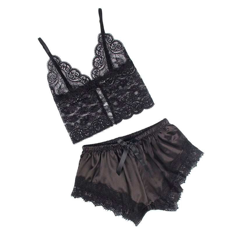 SUBBLIME – Lässiges Seiden-Nachthemd + Spitzenhose Schwarz S/M