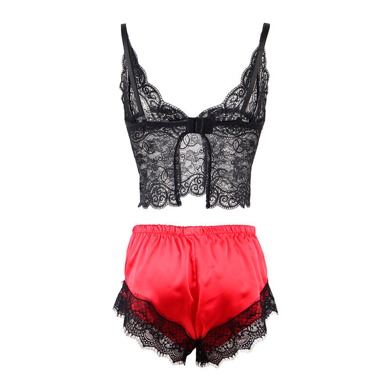 SUBBLIME – Lässiges Seiden-Nachthemd + Spitzenhose Schwarz/Rot S/M