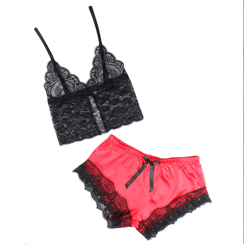SUBBLIME – Lässiges Seiden-Nachthemd + Spitzenhose Schwarz/Rot S/M